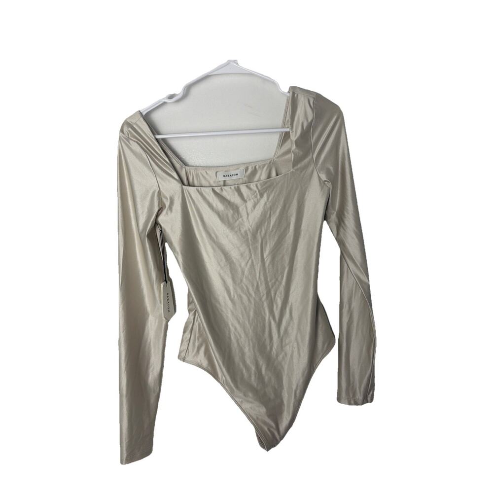 Babaton Women’s Small Long Sleeve Square Neck Bodysuit Beige Nude Stretch